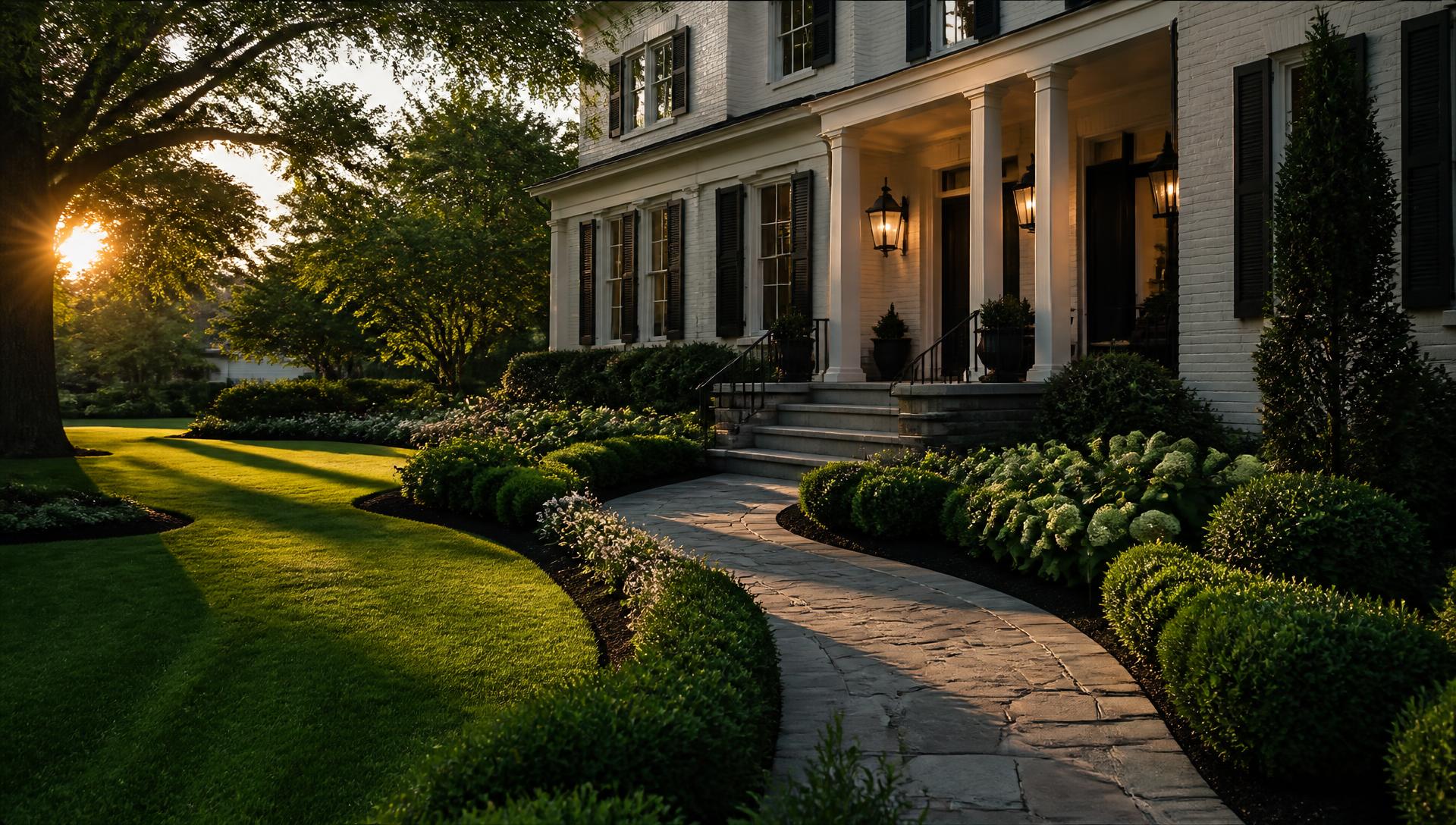 Manicured lawn, stone walkway, and shaped hedges at a premium home